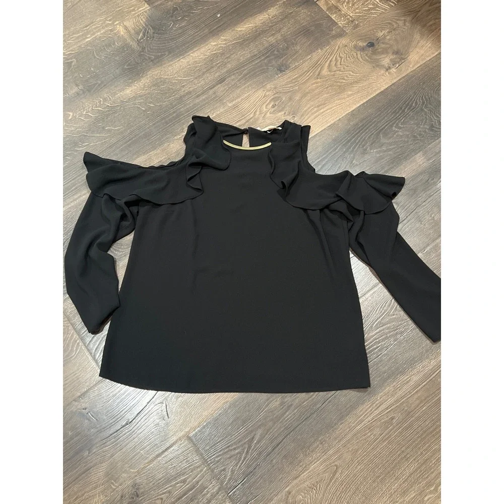 Michael Kors Black Cold Shoulder Ruffle Blouse Gold Bar Neck‎ ladies Medium